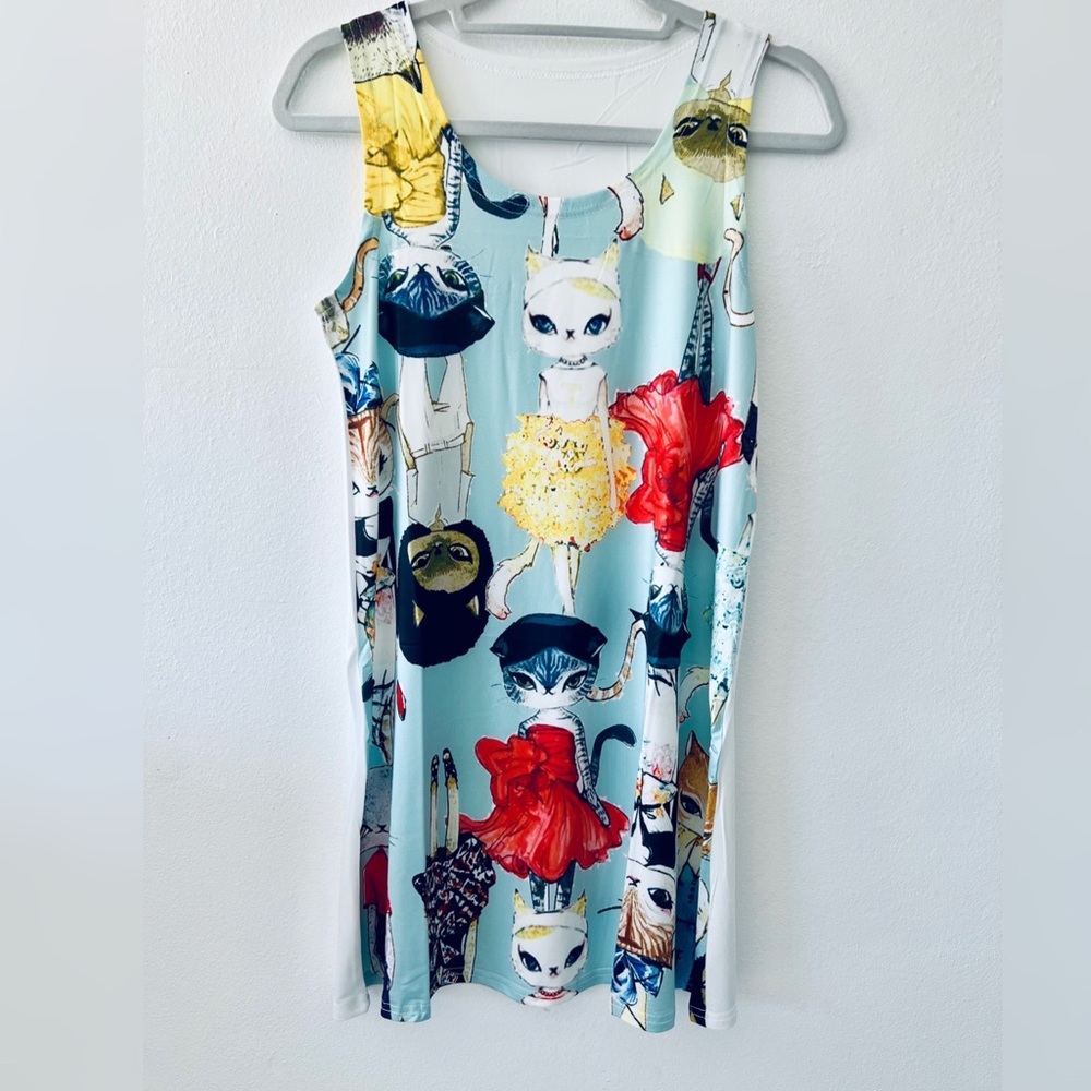 NWT SLEEVELESS CASUAL T-SHIRT A-LINE MINI DRESSES CATS PRINT CREWNECK BEACH TANK